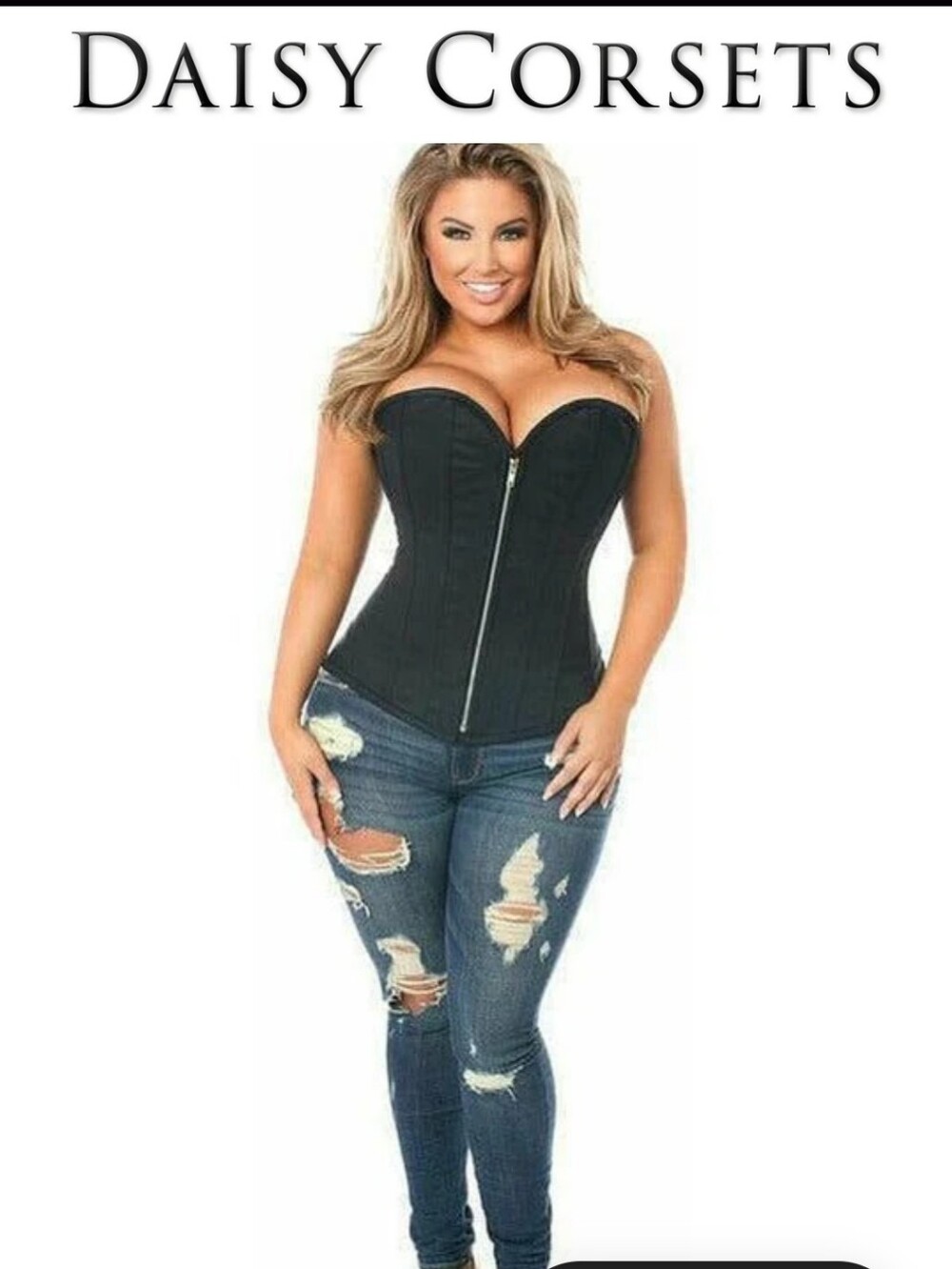 Top Drawer Black Cotton Steel Boned Corset W/ Zipper - Picture 5 of 12